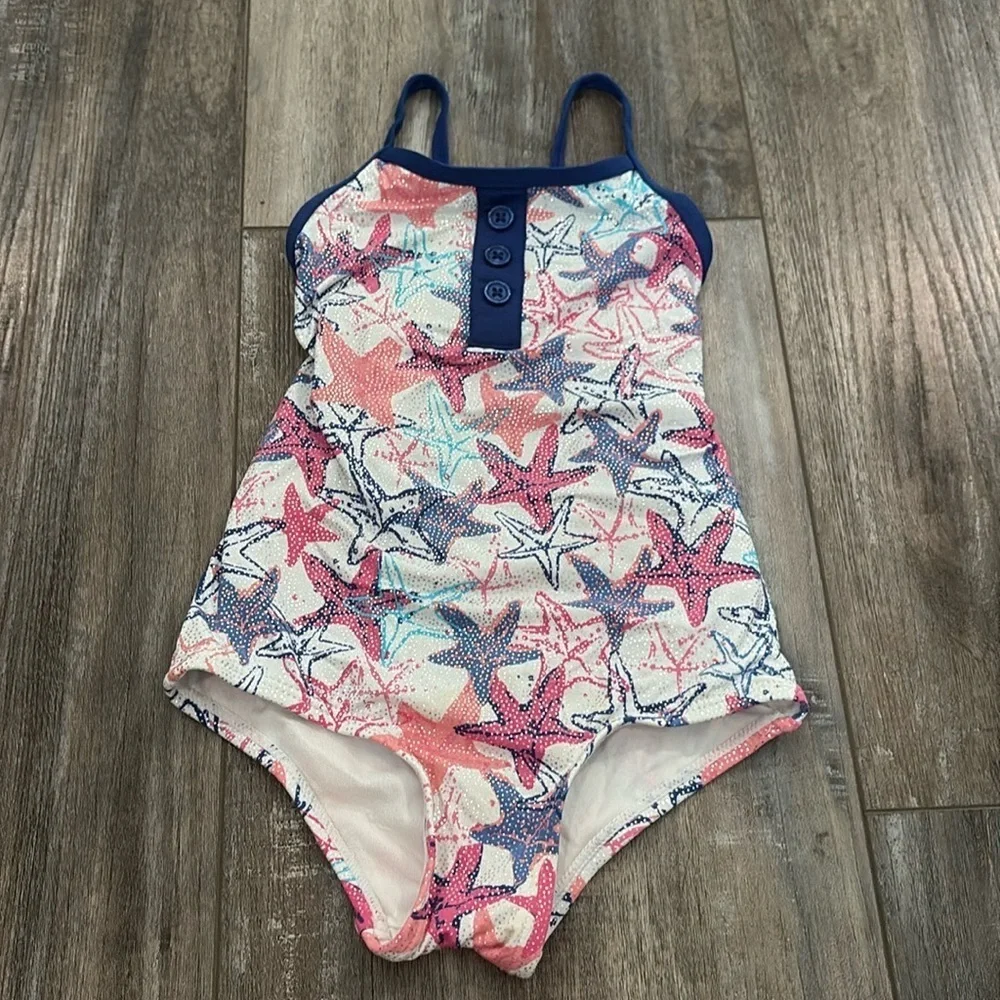 Hatley one piece blue and pink metallic sea stars swimsuit, crisscross back 3t